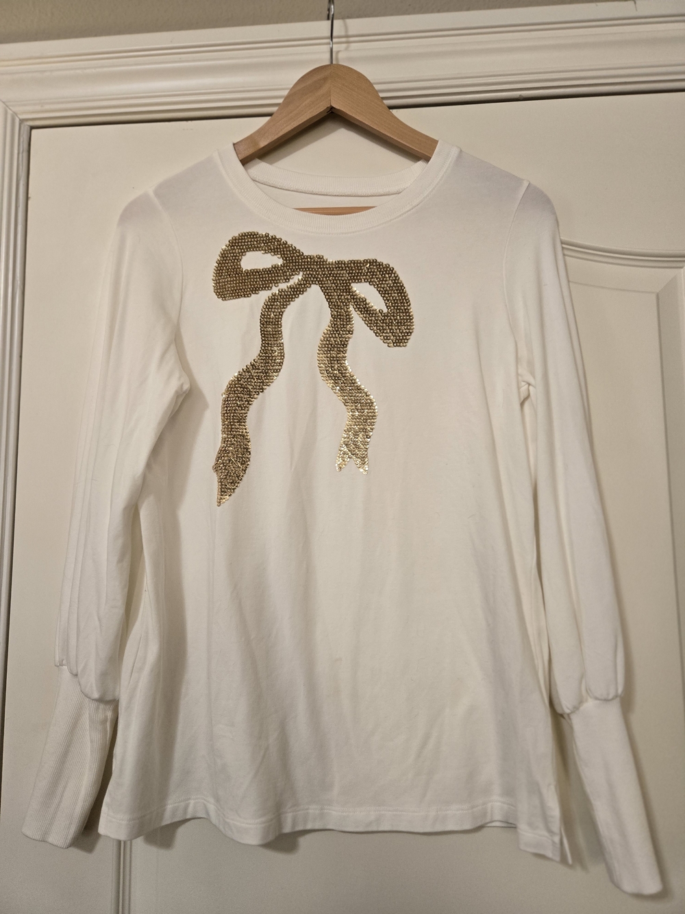 Belle by Kim Gravel Cream Long Sleeve Tee with Gold Sequin Bow Festive Layering